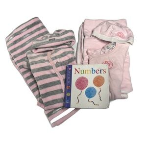 Newborn girl bundle stretchie, hat and blanket sets pink striped w/ animal book